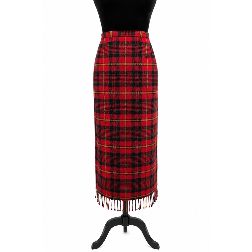 Jaclyn Smith Studio Womens Skirt Size 16 Red Plaid Wool Blend Fringe Maxi